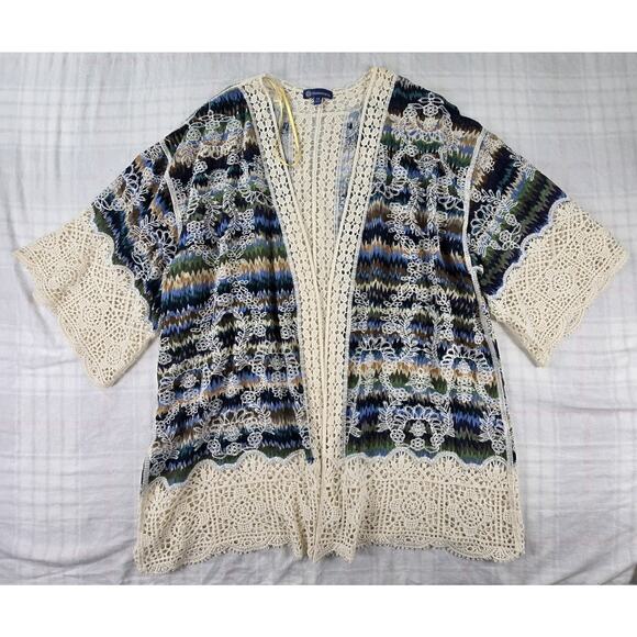 Democracy Womens Cardigan Open Jacket Boho Embroidered Crochet Trim 1X - Picture 1 of 11